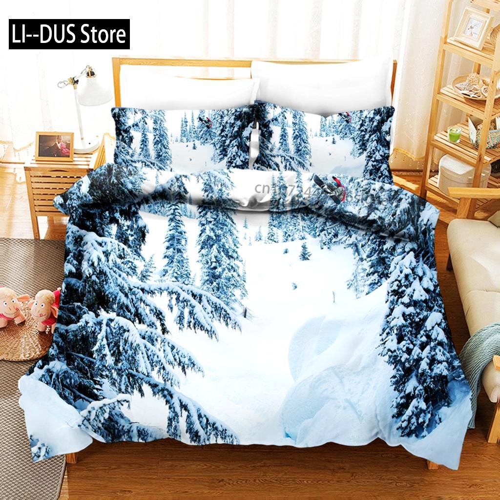 Пододеяльник для лыжного спорта из микрофибры с изображением экстремальных видов спорта, комплект постельного белья для зимних видов спорта, лыжи, снег, горный пейзаж, двуспальная кровать, королева, пододеяльник