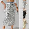 Women Skirt High Waist Sexy Hip Hugging Sequin Glitter Skirt Solid Color Mid Calf Length