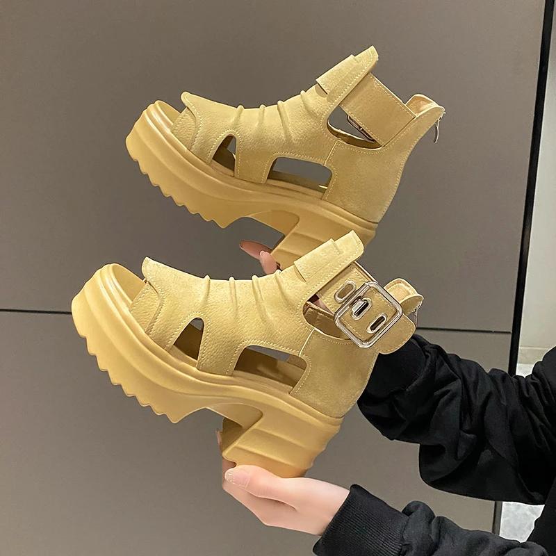 Модные ботинки на толстой подошве в римском стиле с вырезами, туфли на высоком каблуке с открытым носком, летние повседневные и удобные сандалии для женщин
