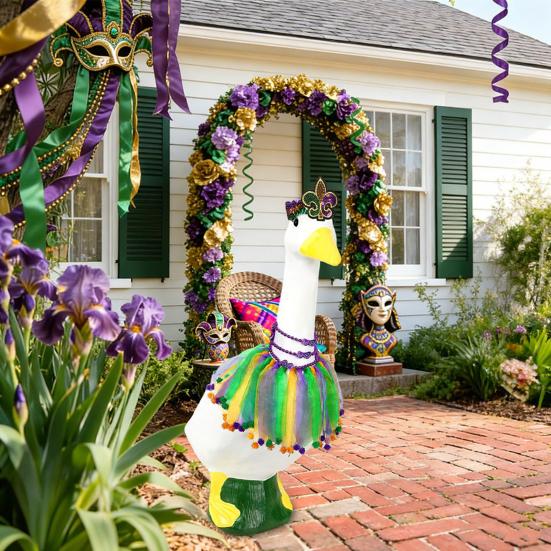 Костюм Большого Гуся с Пышной Юбкой из Тюля и Отделкой Меховыми Помпонами, Головной Убор для Марди Гра, Эластичная Лента, Кольца на Шею, Садовое Украшение Гуся для Праздника