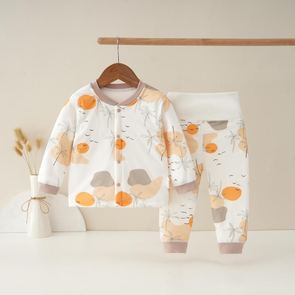 Детский стеганый теплый комплект: Хлопковая пижама с высокой талией и защитой живота для осени/зимы