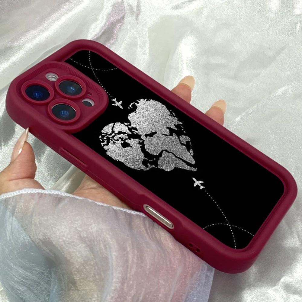JT571 Бело-черная карта мира в форме сердца для iPhone 17 16 15 14 13 12 Pro Max Samsung S26 S25 Ultra A17 A07 A56 A16 A15 Xiaomi 15T Redmi 15c 14C Мягкий чехол