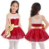 Girls Christmas Dance Leotard Dress Sleeveless Bowknot Sequins Adorned Performance Wear