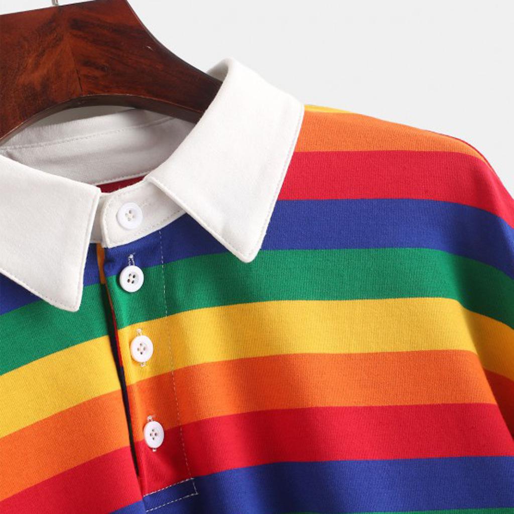 Women's Long Sleeve Striped Rainbow Sweater Ladies Hoodie Korean Polo Shirt