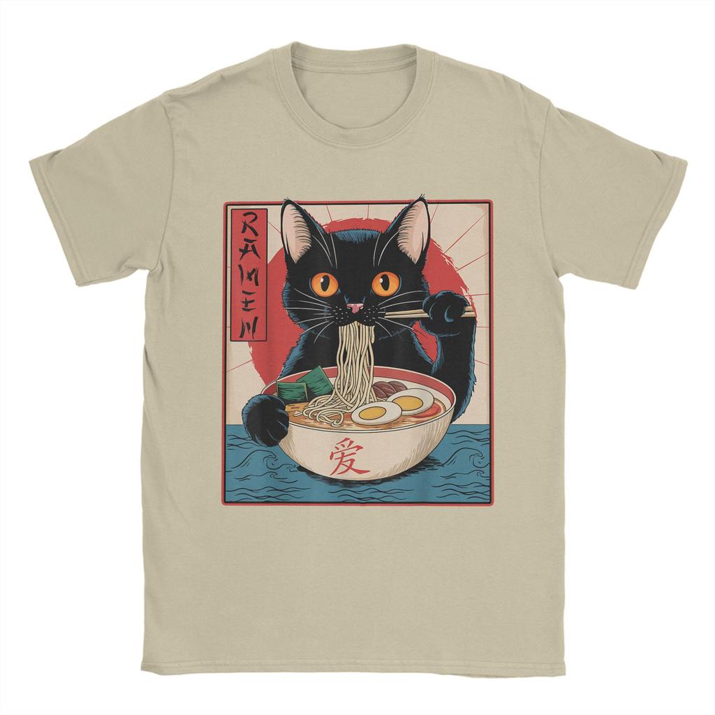 Men Japanese Black Cat Ramen T Shirt Kawaii Noodle Cat Cotton Clothes Humor Short Sleeve Round Collar Tees Gift Idea T-Shirt