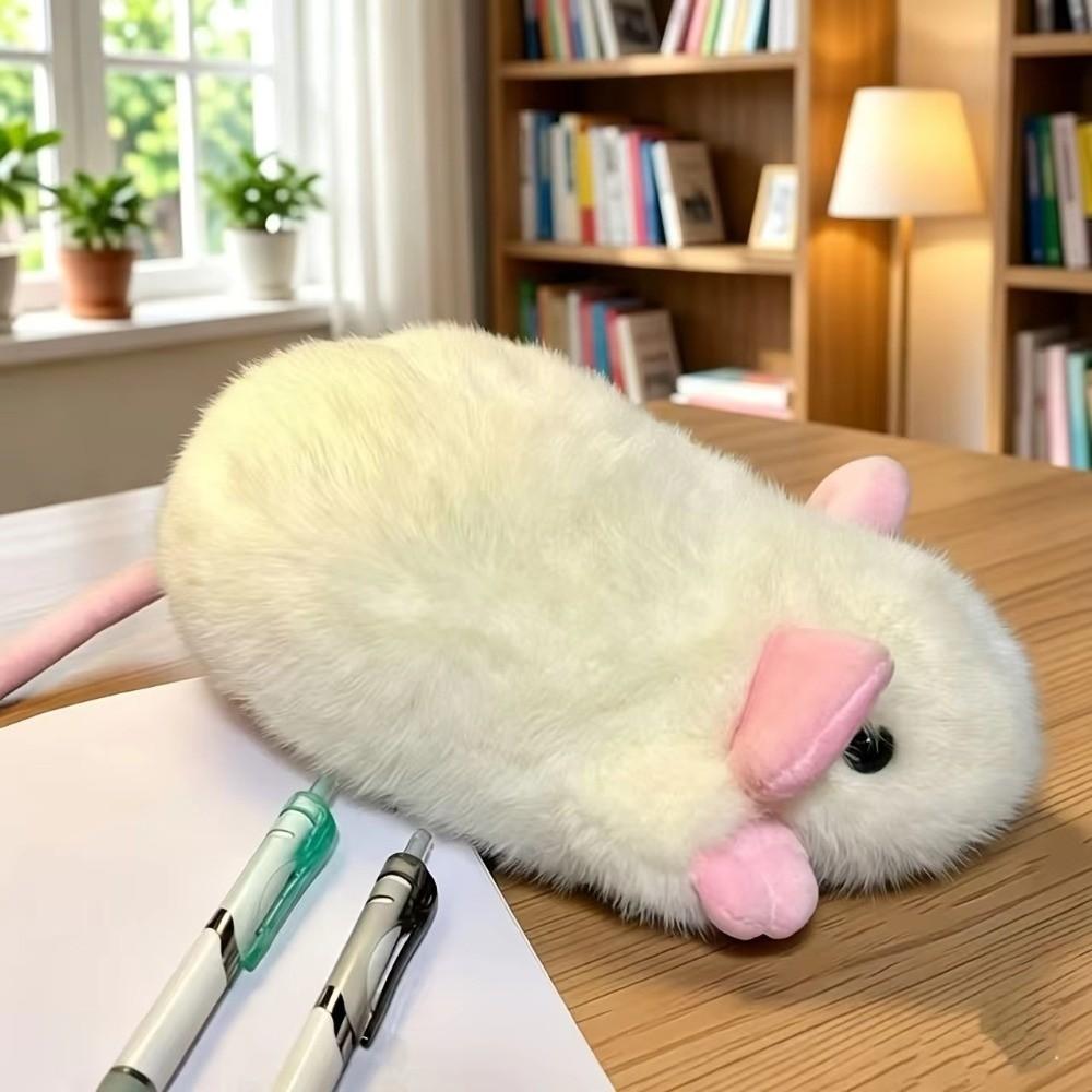 Soft Furry Texture Fancy Rat Pencil Case Plush Zipper Pen Pouch Student Stationery