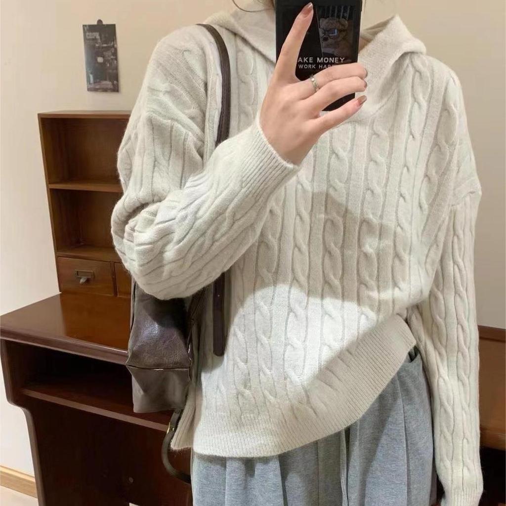 Women's Vintage Solid Twisted Knit Sweater with Hooded Loose Soft Comfortable Pullover Knit Top Casual Fashion Simple Lazy Sweater for Fall Winter