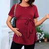 Women's Round Neck Short Sleeve Belt Solid Color Maternity Top