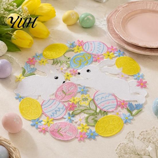 Cute Table Linens for Children Easter Rabbit Egg Placemat, Polyester Fiber Decorative Mat, Non Holiday Dinner Plate Mats Slip Hollow Tableware
