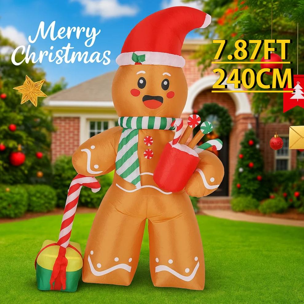 7.87FT Xmas Yard Party Decoration Inflatable Gingerbread Man Toys LED Light Home Decor Ornament Supplies Christmas Holiday Gifts