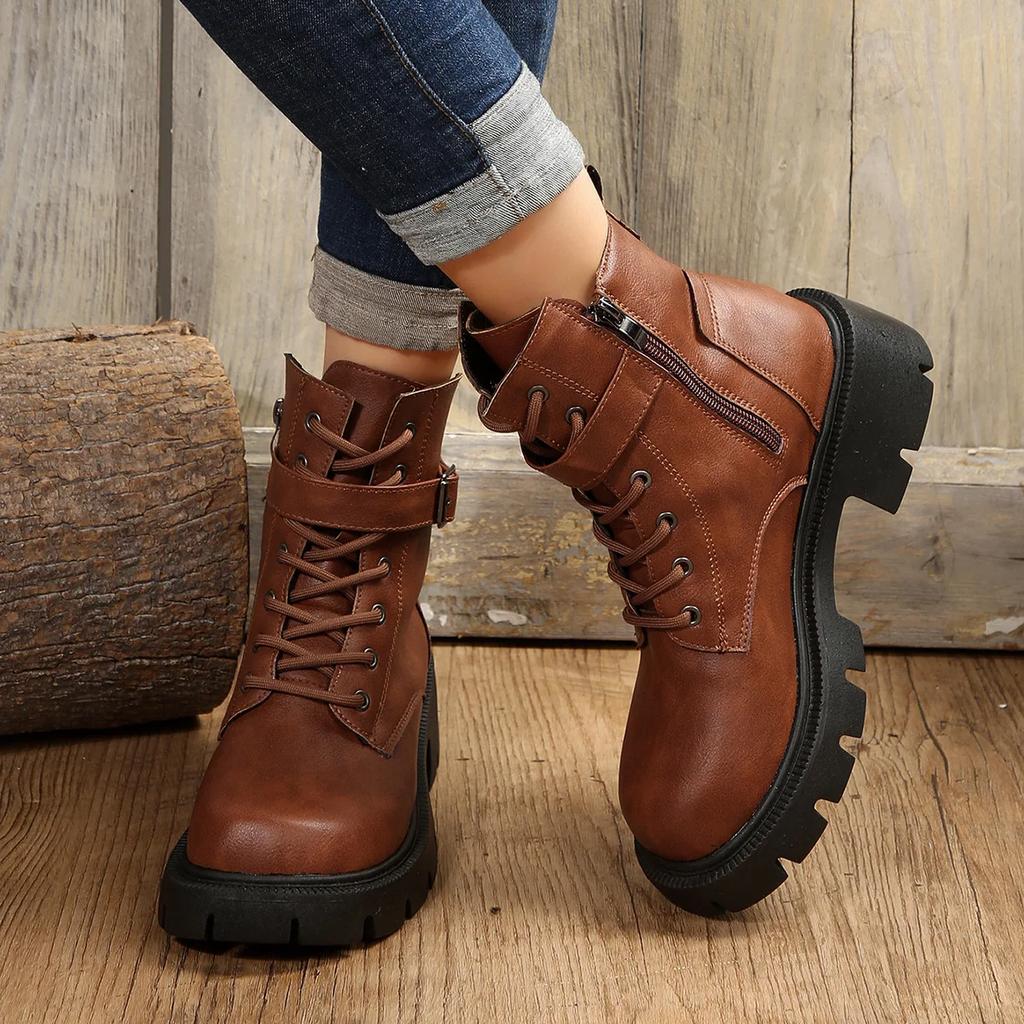 Platform Round Toe Women Motorcycle Boots Fashion Lace Up Shoes Retro Autumn Winter Ladies Knight Short Booties Botas De Mujer