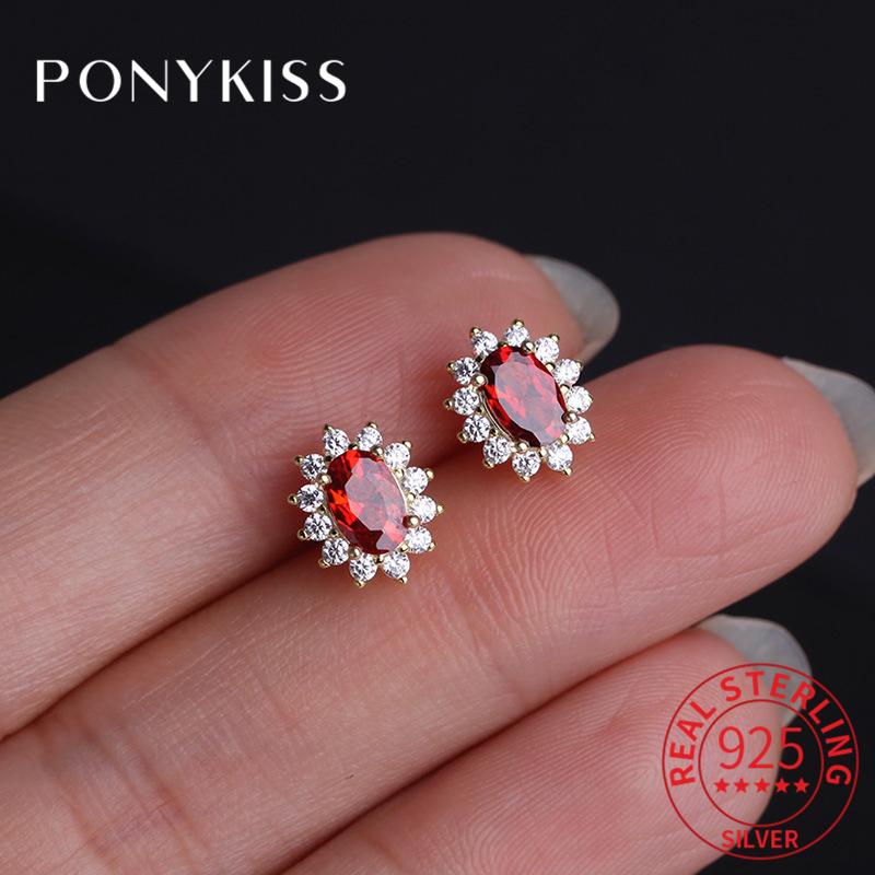 PONYKISS Винтажная Серьга-гвоздик из Стерлингового Серебра Геометрическая Овальная Гранат Рубиново-Красный Циркон Кружево 14K Золото для Женщин Роскошная