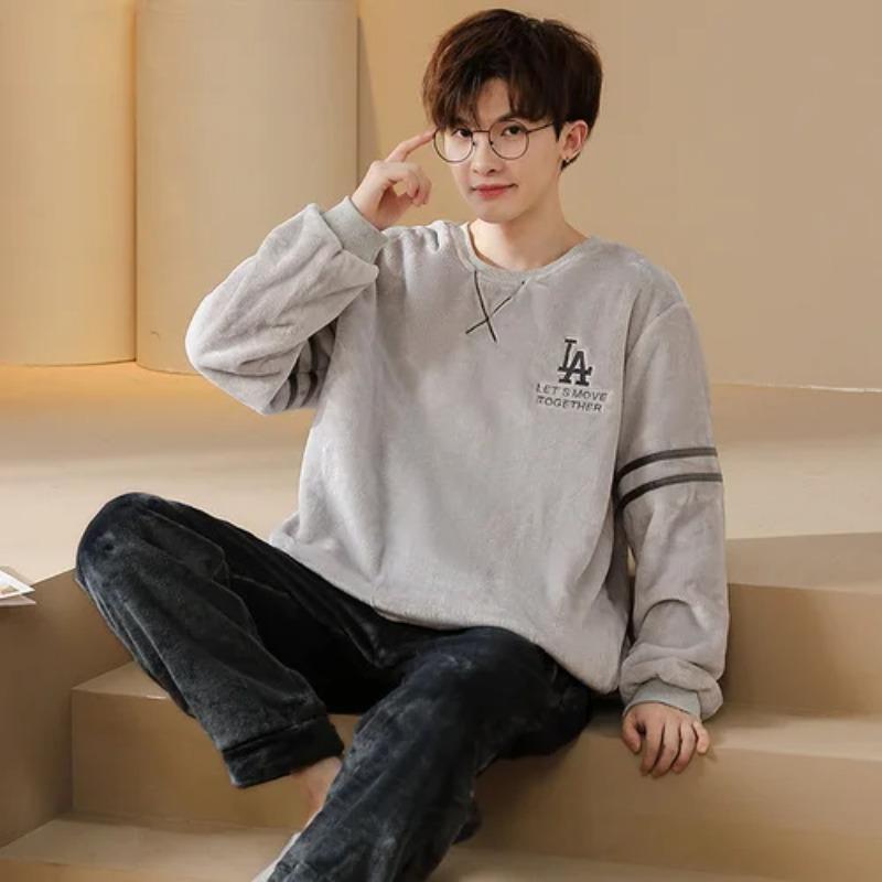 Autumn and Winter Flannel Pajamas Men's Thicken Coral Fleece Youth Student Warm Korean Pijamas Casual Loungewear