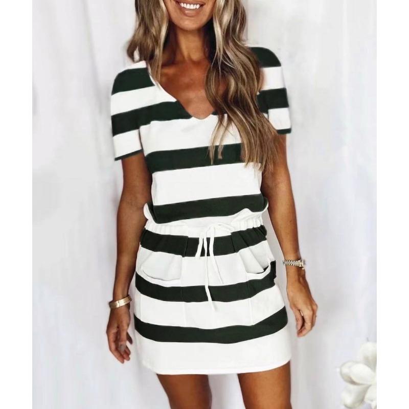 YYFS Women's Fashion Summer Spring Colour Block Print Short Sleeve V-Neck High Waist Casual Dresses