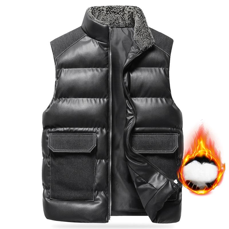 Men's Retro Stand Collar Mid-green Warm Vest Winter Loose Thickened Waistcoat Large Pocket Leather Vest