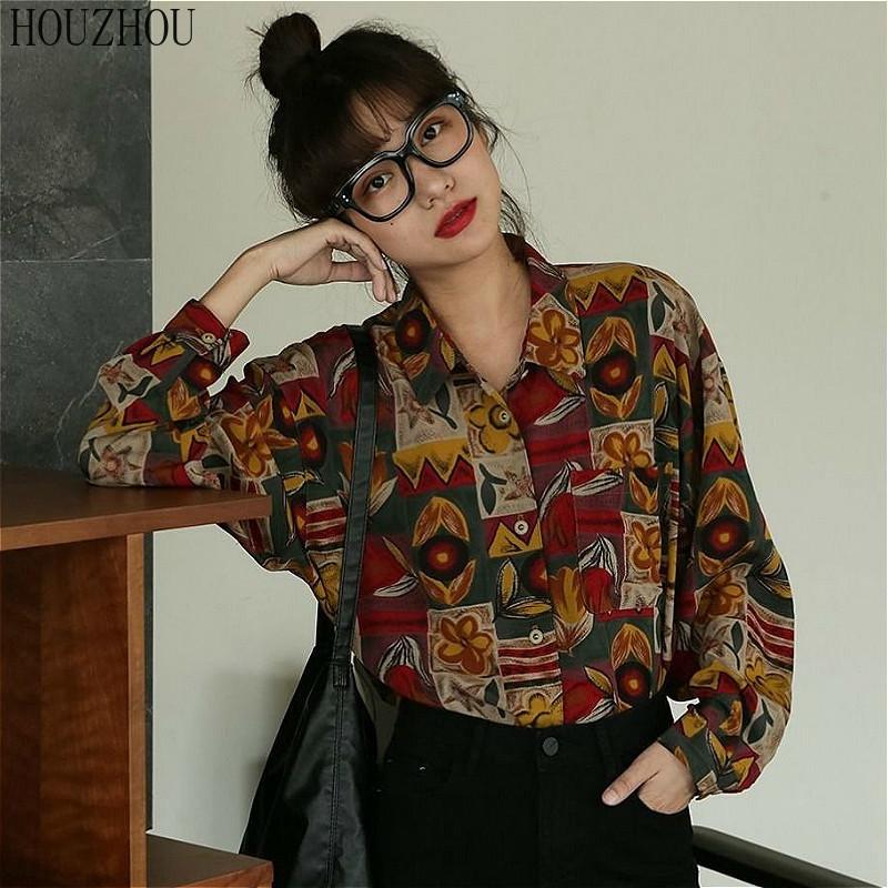 HOUZHOU Printed Blouses Women Loose Vintage Elegant Chic Casual Ins Oversized