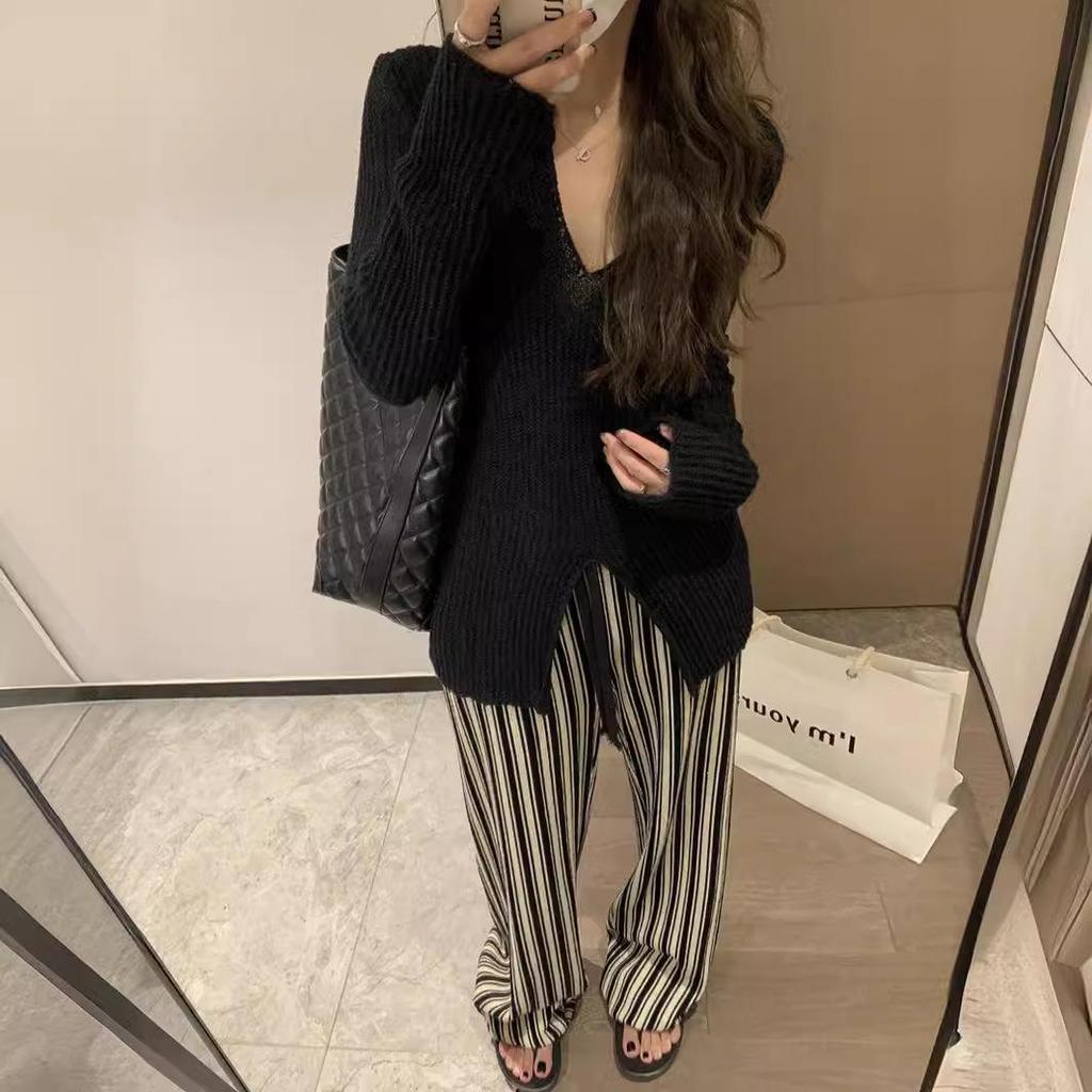 Женские брюки больших размеров в вертикальную полоску, с высокой талией, стройнящие, повседневные, длиной до пола, летние