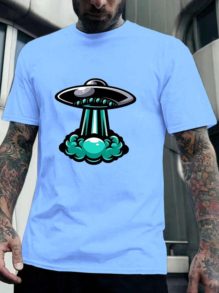 Cartoon UFO Spaceship Graphic Unisexs Crew Neck T Shirt Alien Flying Saucer Print Short Sleeve Casual Cotton Streetwear Daily Tee