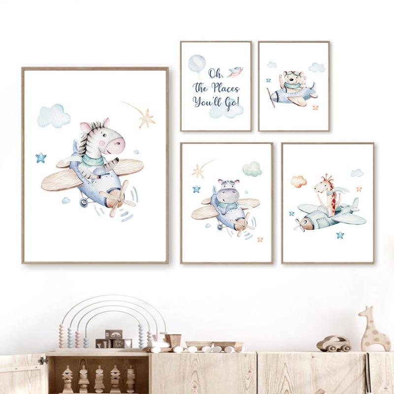 Зебра Жираф Лев Медведь Самолет Приключение Детская Настенная Живопись на Холсте Скандинавский Постер Картинки Декор Комнаты для Мальчика