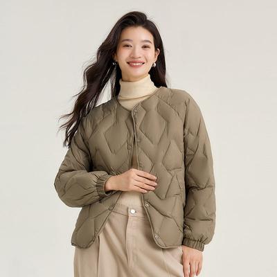 Ромбовидная куртка-пуховик с круглым вырезом женская короткая 2025 осень и зима модная верхняя одежда повседневная теплая пуховая куртка белого утиного пуха прилив