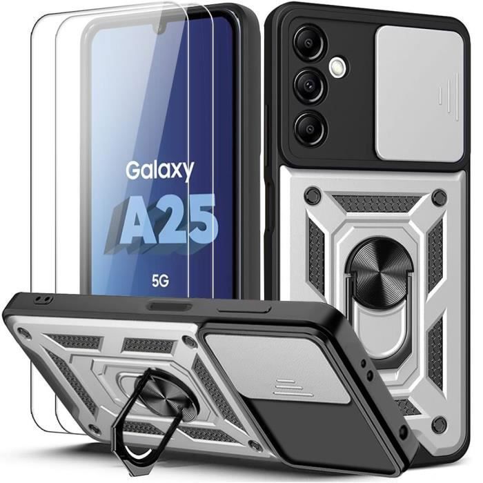 Coque de protection - BOOLING - pour Samsung Galaxy A25 5G - Antichoc - Support rotatif - Argenté - avec 2 Verres Trempés