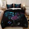 3pcs Black Bedding Set Skulls Rose Print Cozy Duvet Cover Set King Queen Twin Single Size Halloween Birthday Gift Bedroom Decor