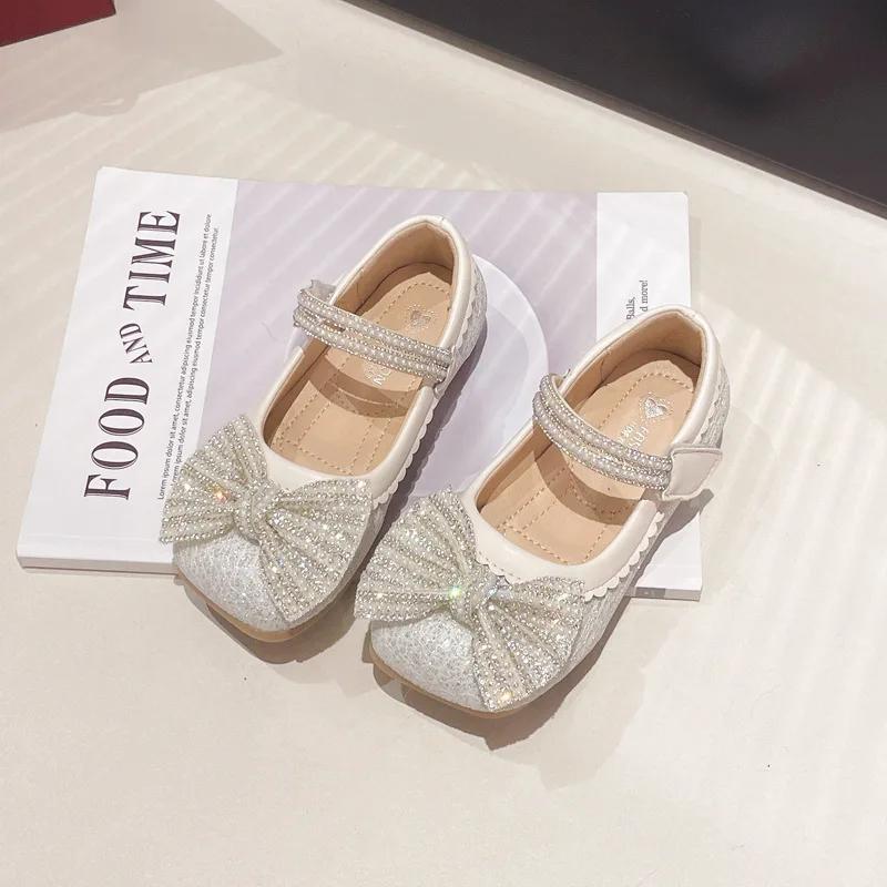 Детские кожаные туфли с блестками и бантом, туфли принцессы для девочек, милые шикарные детские повседневные свадебные туфли, неглубокие, универсальные
