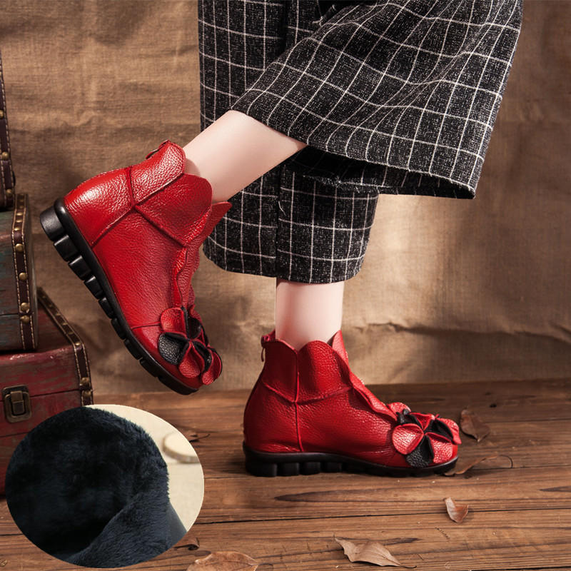 Ethnic Genuine Leather Shoes Women Vintage Boots and Shoes for Autumn Womens Retro Boots Boho Style Shoes Ladies Red Ankle Boots