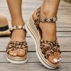 Fashion 2025 Leopard Print Wedge Heel Sandals Women Fashion Crystal Flowers Thick Bottom Sandalias Mujer High Heeled Platform Sandals 43