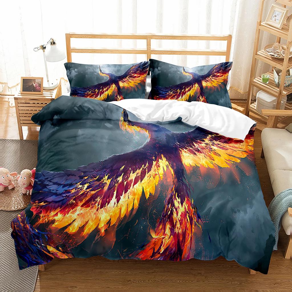 Phoenix Duvet Cover Set King Queen Size for Kids Boy Girls Bedding Set Yellow Animals Pattern Polyester Quilt Cover with Zipper