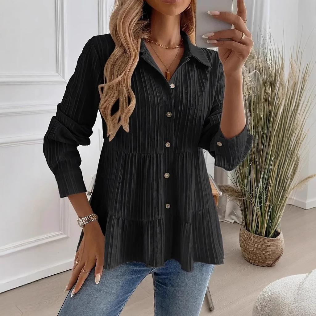 Весенне-летняя женская модная удобная универсальная рубашка с длинным рукавом однотонной расцветки