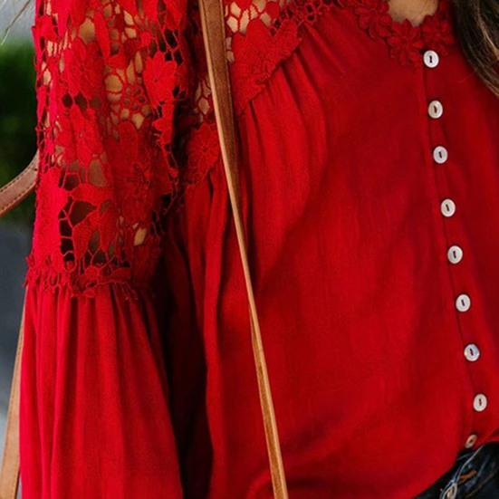 Женская блузка, сплошной цвет, кружевной пуловер, топ с расклешенными рукавами и V-образным вырезом