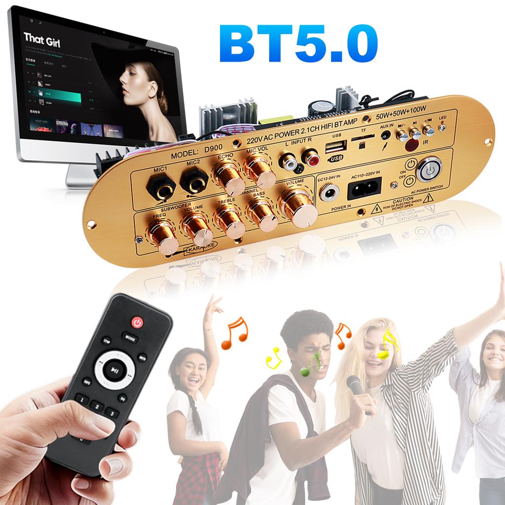 Audio Amplifier Board 2.1 Channel Subwoofer Amplifier Support AUX/USB/FM/TF Card/MIC Power Amplifier Board for Home Karaoke