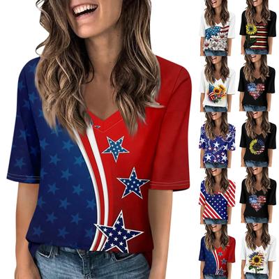 Женская повседневная футболка с короткими рукавами и v-образным вырезом с принтом и четвертьрукавами, топ