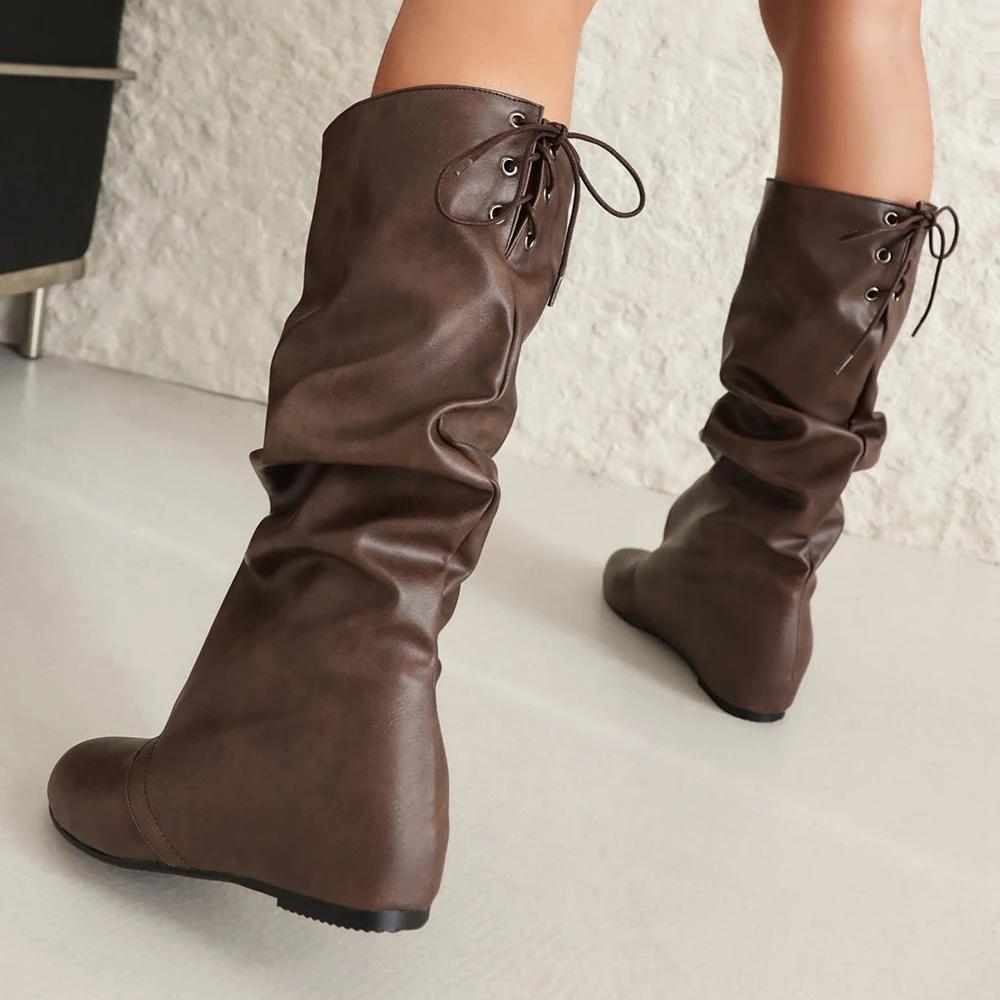 Fashion Autumn Winter Women Mid Calf Boots Casual Slip on Lace up Long Boots Flats Fashion Pleated Round Toe Black Elegant Botas Female