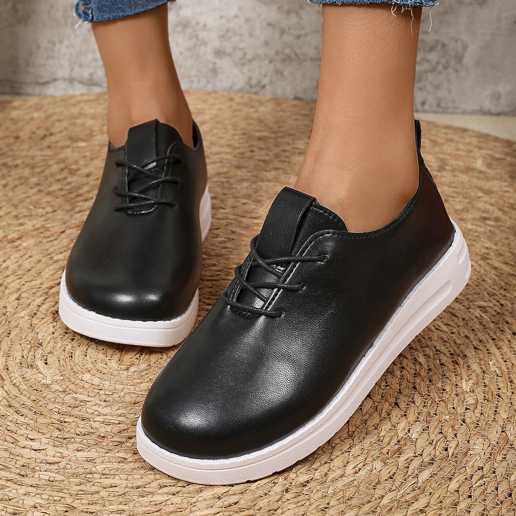 Fashion New Spring and Autumn Leather Women Shoes Solid Color Round Head Front Lace Up Comfortable Women's Casual Sneakers Size 36-42