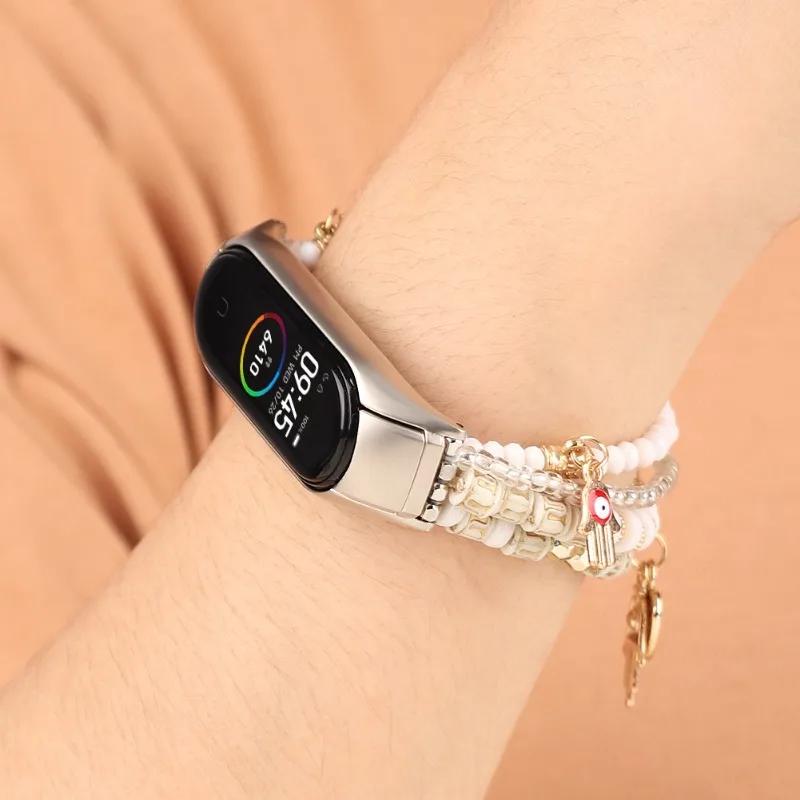 Сменный ремешок для Xiaomi Mi Band 8 7 6 5 4, ремень для часов, ювелирные изделия, браслет с бусинами для MIband, женский браслет с подвеской