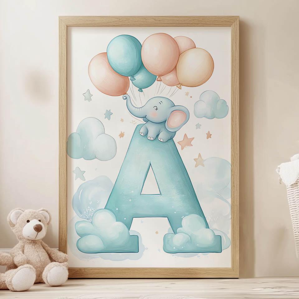 Elephant Charm - Poster "A" With Balloons Elephant Charm - Poster "A" With Balloons, 70X100 Cm, Dark Brown Wooden Frame, 230 Gsm Matte Paper