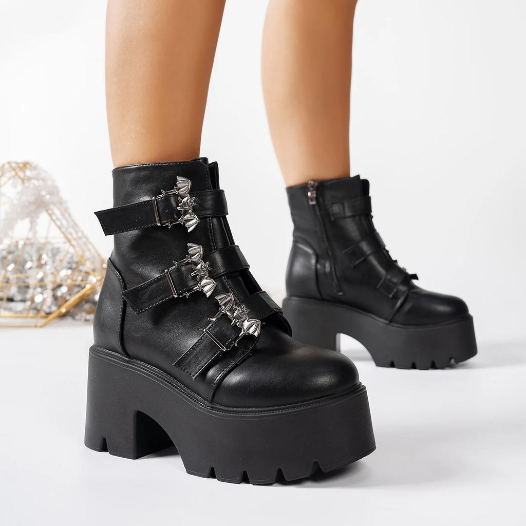 Women Boots Fashion Mid Calf Leather Boot Street Punk Boots Motorcycle Ankle Boot 8cm Height Increasing Platform Boots for Women