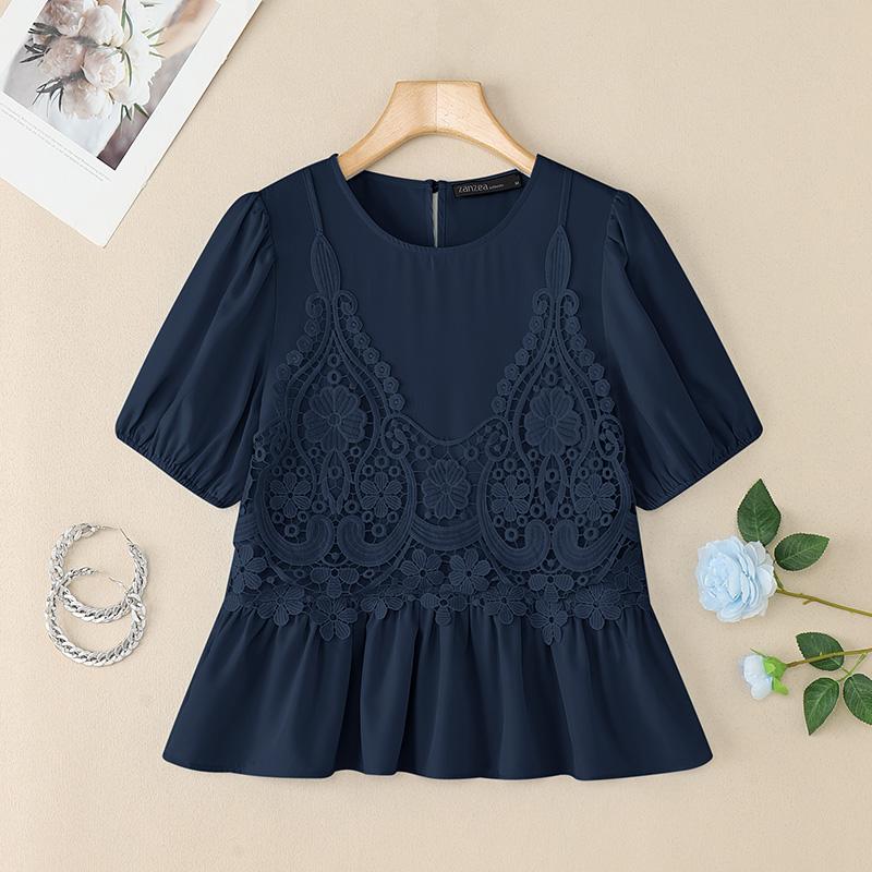 ZANZEA Женские повседневные футболки с круглым вырезом, крючком, пэчворк, летние, с коротким рукавом