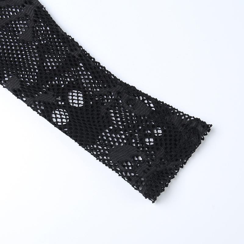 Готические сетчатые укороченные топы с черепом, черная кружевная майка, узкая футболка в стиле панк с перчатками