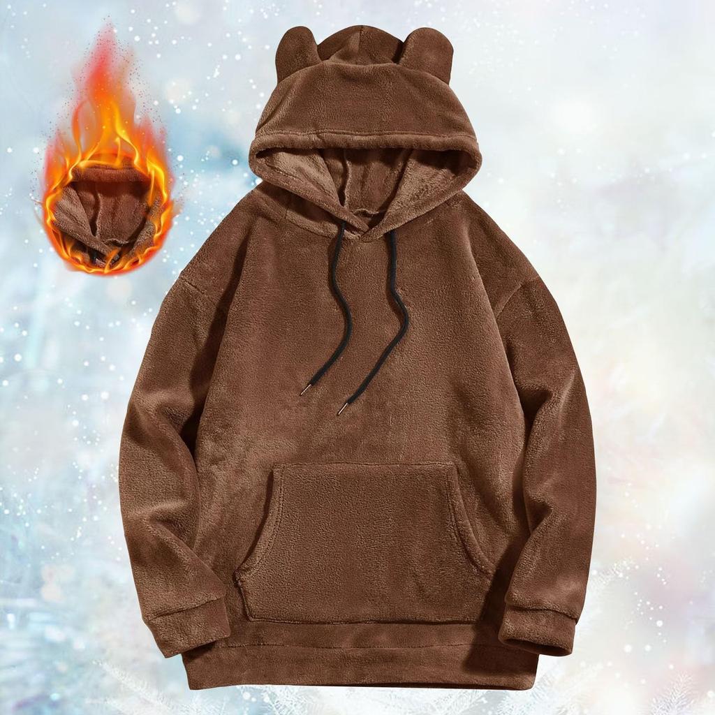 Осенне-зимняя взрывная однотонная теплая коралловая бархатная толстовка с капюшоном с ушками медведя, симпатичная утолщенная мужская