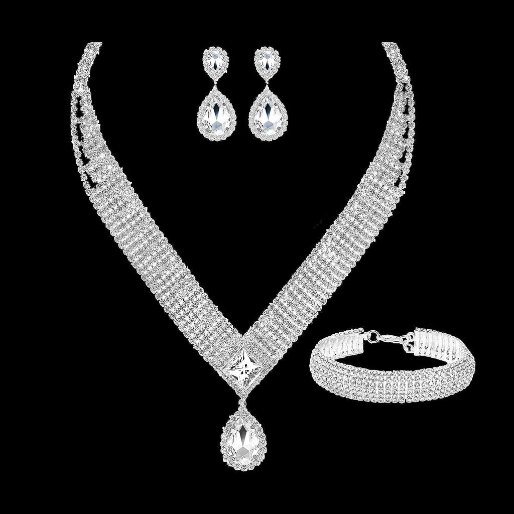 Water Drop Necklace Earring Bracelet Set With Zirconia For Bridal Wedding Dress Accessories