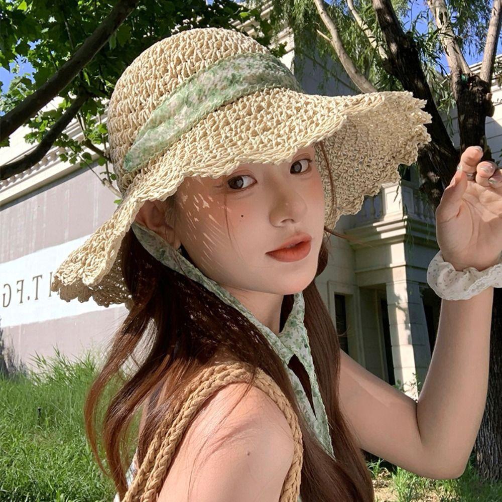 French Style Lace Straw Hat Spring Summer Women's Sun Hat Elegant Bow Ribbon Straw Hat  Outdoor