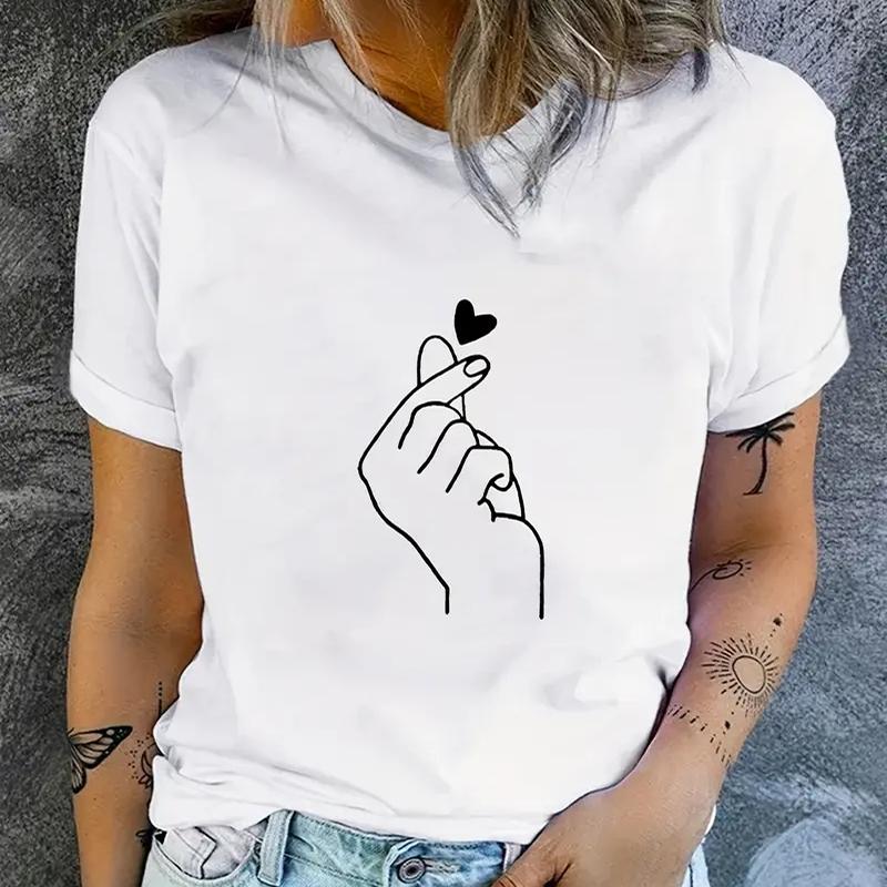 Women Summer T Shirt  Print Heart Gesture Short Sleeve Tees Casual   Printed  Tops