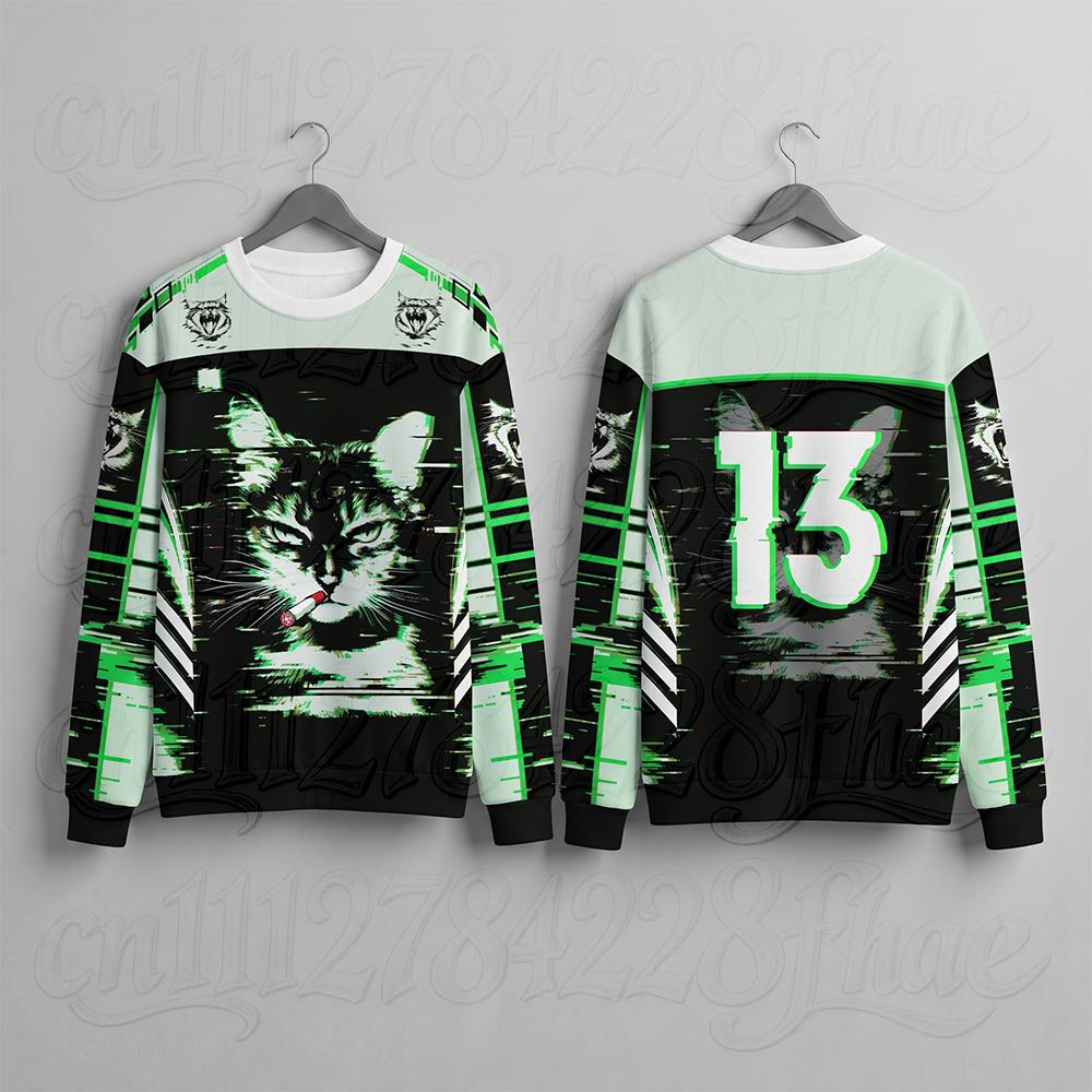 Cool Glitch Cat Parent-Child Long Sleeve Crewneck Pullover Winter Holiday Xmas Party Cyberpunk Cyber Graphic Tops Sweatshirts