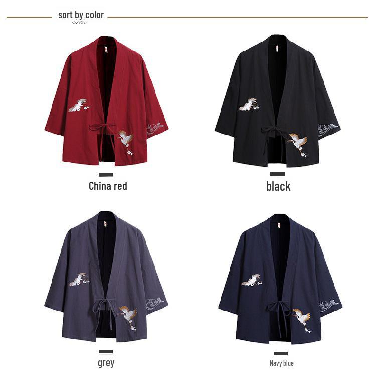 Хлопково-льняной кардиган-кимоно с вышивкой «Журавль»: Перьевое одеяние в китайском и японском стиле ханьфу, защищающее от солнца