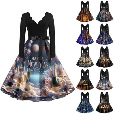 Женское повседневное модное платье винтажного стиля с V-образным вырезом и новогодним принтом