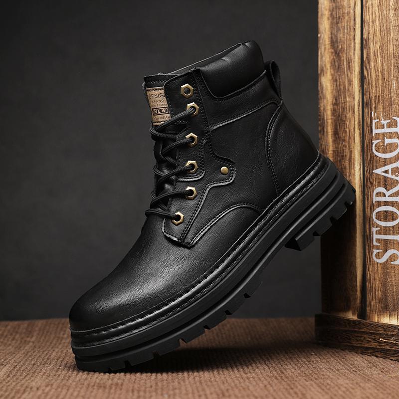 Fashion Genuine Leather Ankle Boots Man Round Toe Style Outdoor Motorcycle Boots Warm Plush Fur Winter Boots for Men Comfy Walking Shoes