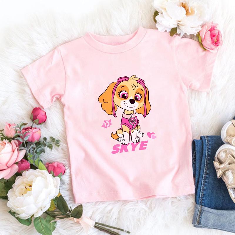 Paw Patrols Series TShirt Pink Cartoon Skye Short Sleeve Tops Summer Korean Clothes Casual Tees Cute Birthdays Gifts